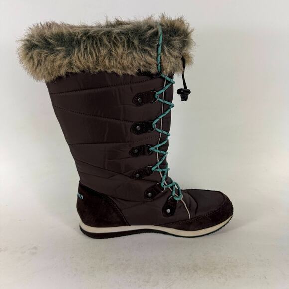 L.L. Bean Winter Snow Boots Women's 7 Brown Nylon Lace Up Fur Trim Mid Calf - Picture 3 of 9